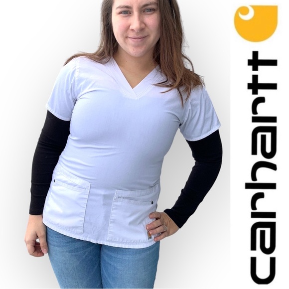 Carhartt | White Stretch Multi Pocket V-Neck Scrub Top | Size Extra Small - Picture 1 of 12